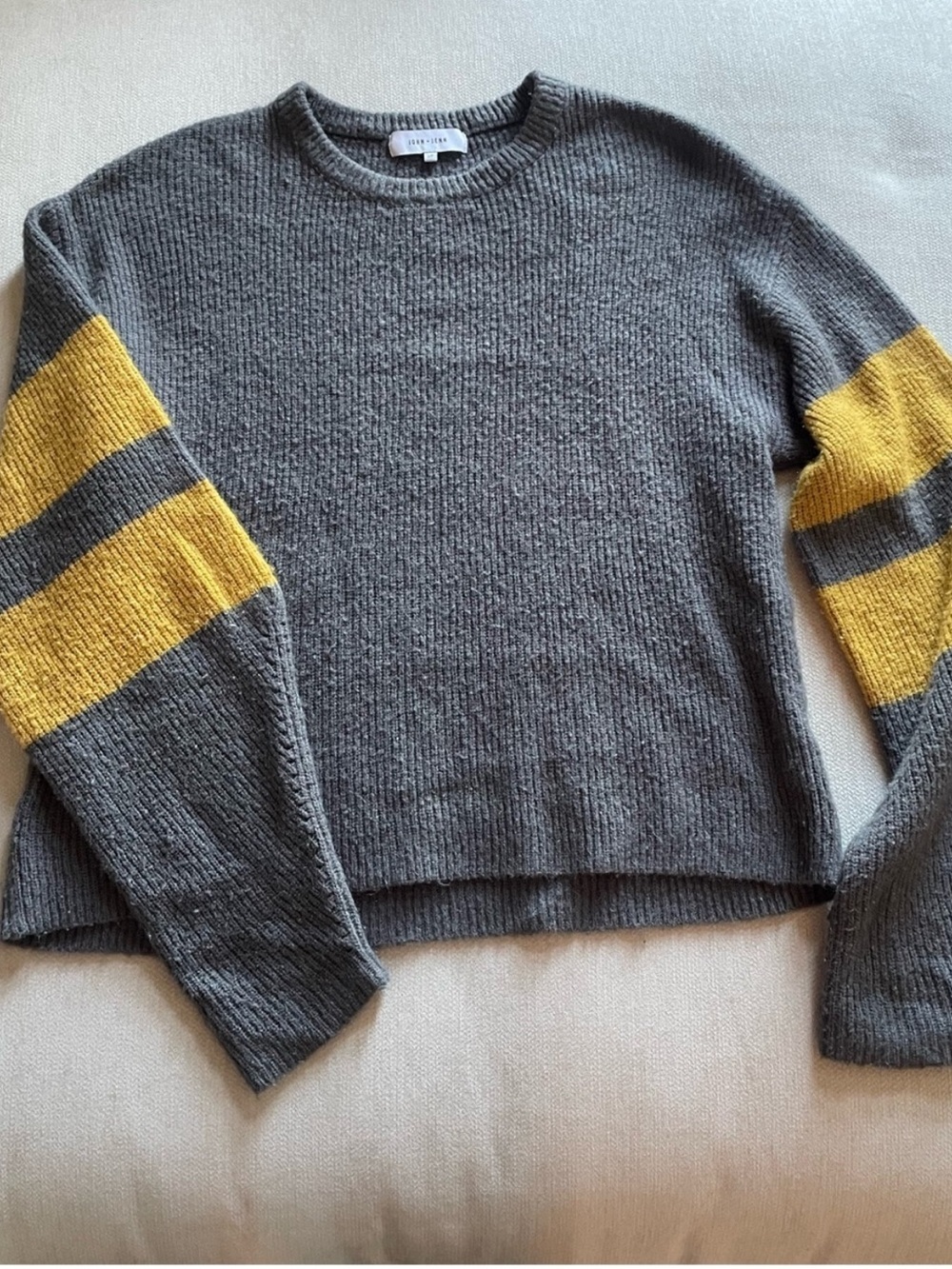 John + Jenn Gray Oversized Crewneck Sweater with Yellow Sleeve Stripes - Size S